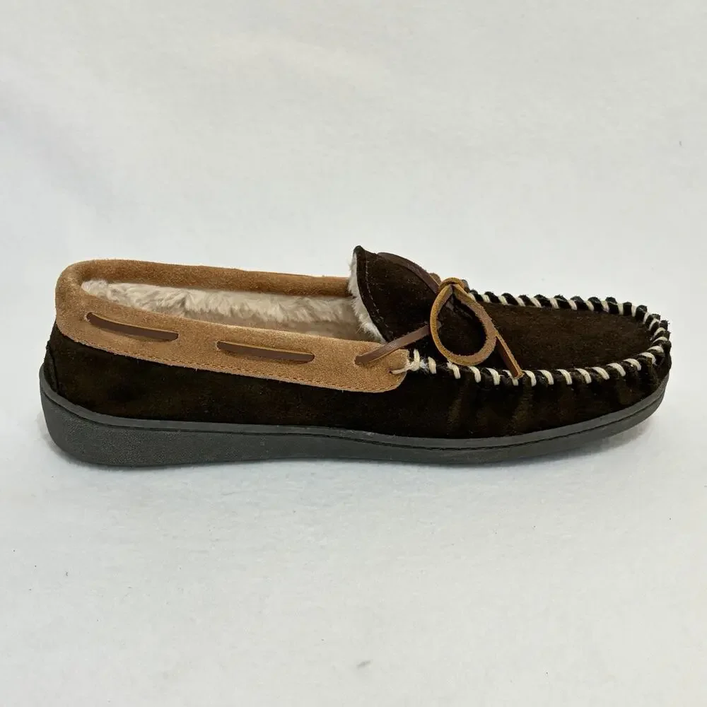 Minnetonka Slippers Mens 9 Pile Lined Hardsole Brown Leather Comfort House Shoes